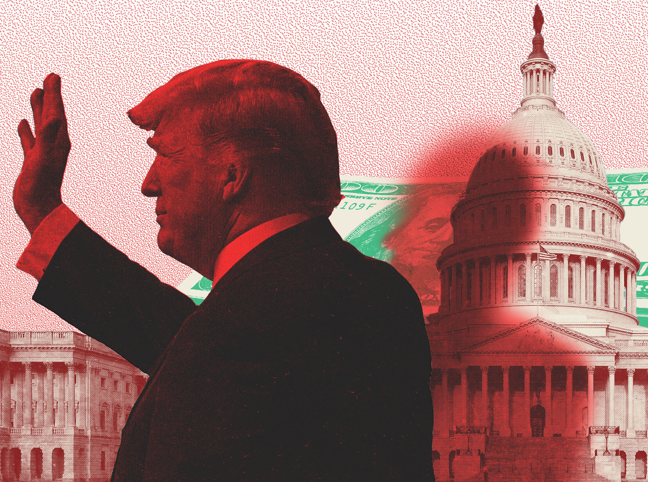 Then-president Trump is seen from the side as he raises his right arm. He is cast in a dark red and black hue and overlaid by photocopy texture. In the background is a red-tinted Capitol building and large stack of $100 bills, both cast over by Trump's shadow.