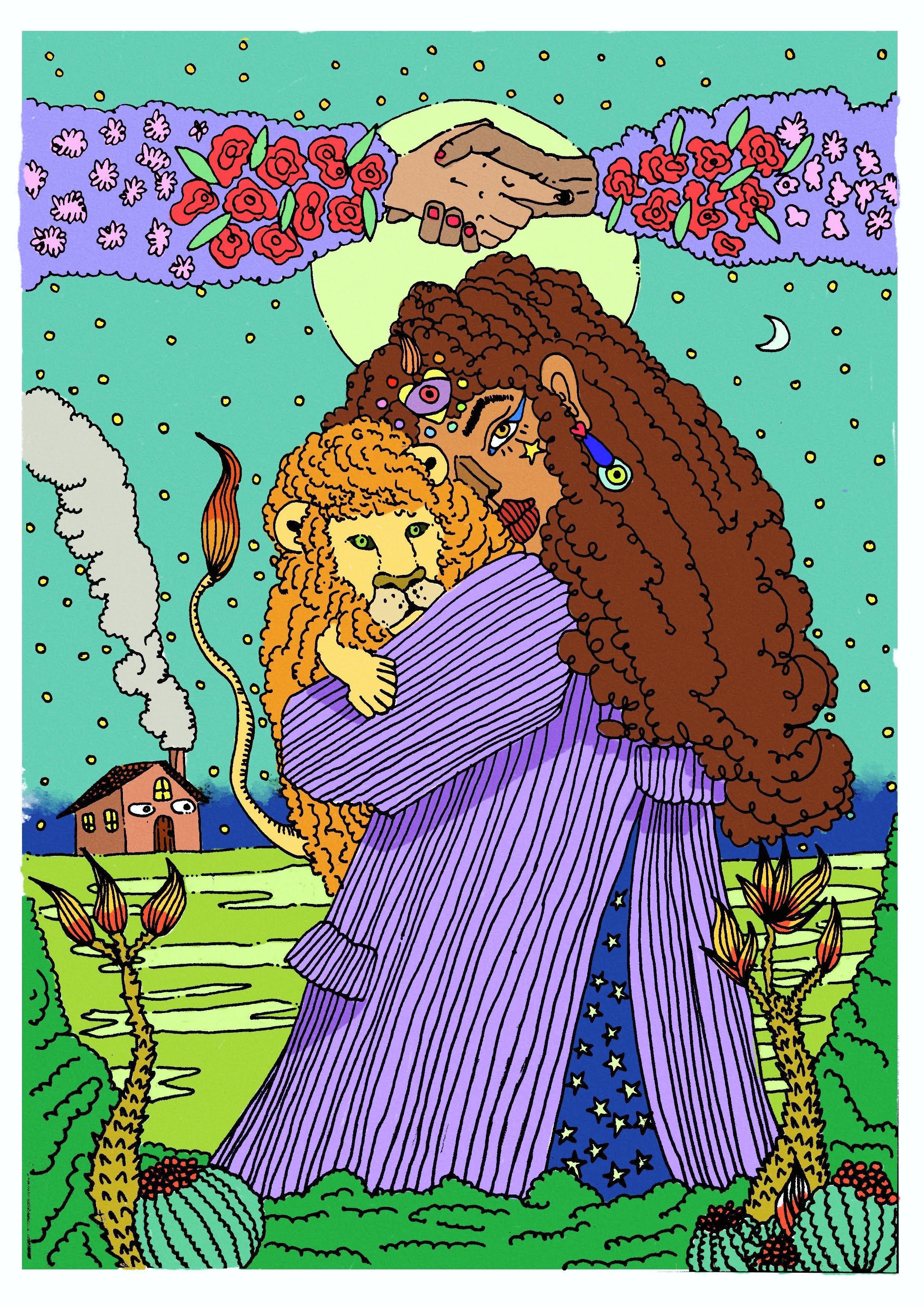An illustration of a young Brown woman with long curly hair and adorned with jewelry pulls a lion close into her embrace.