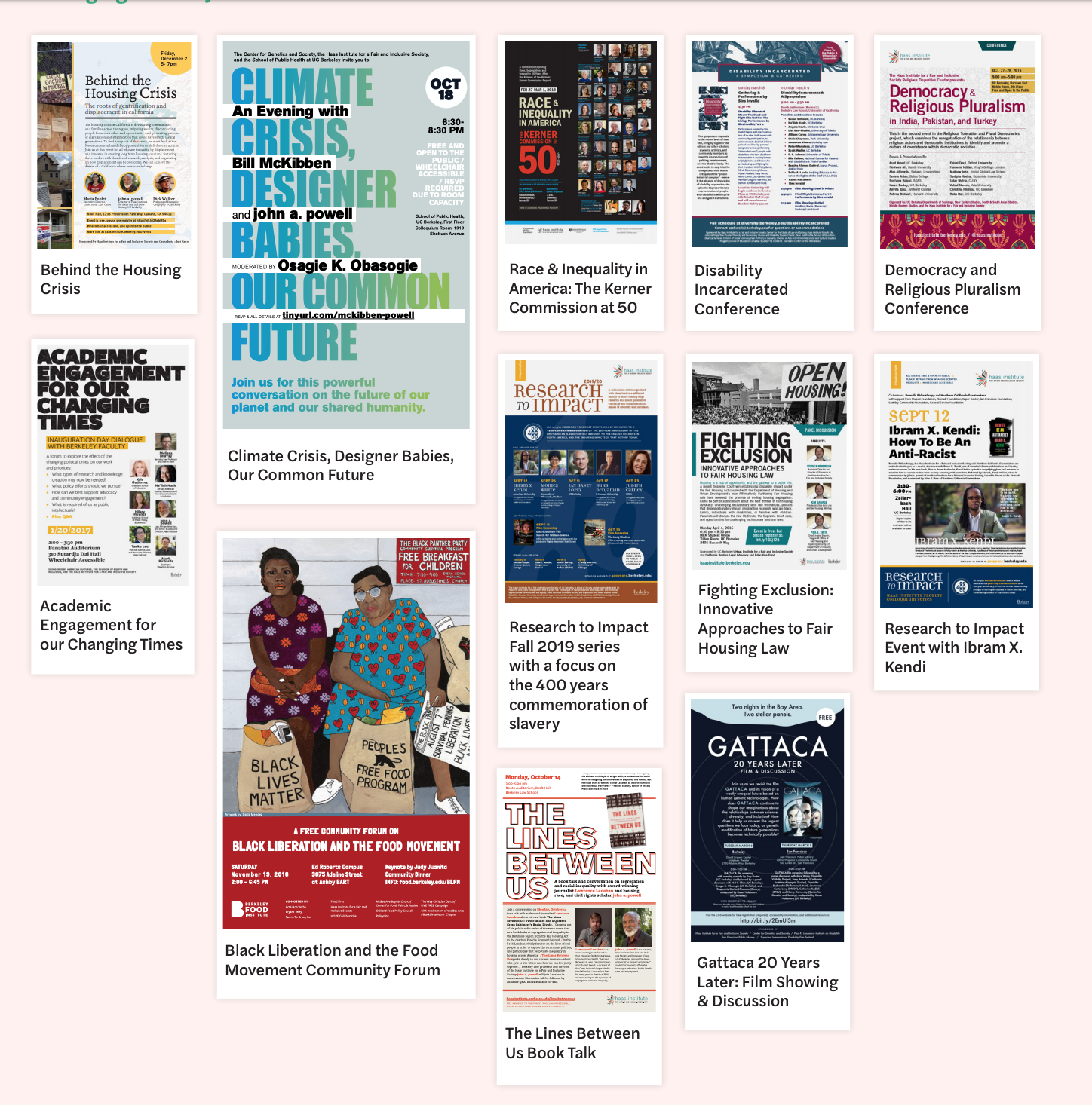 A grid showing posters of events from the O&amp;B Institute