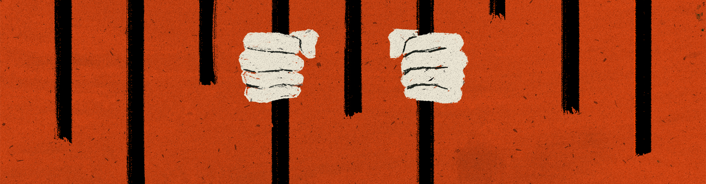 Minimalist illustration of hands gripping jail bars; some bars are drawn only part way down the screen to suggest that they are descending