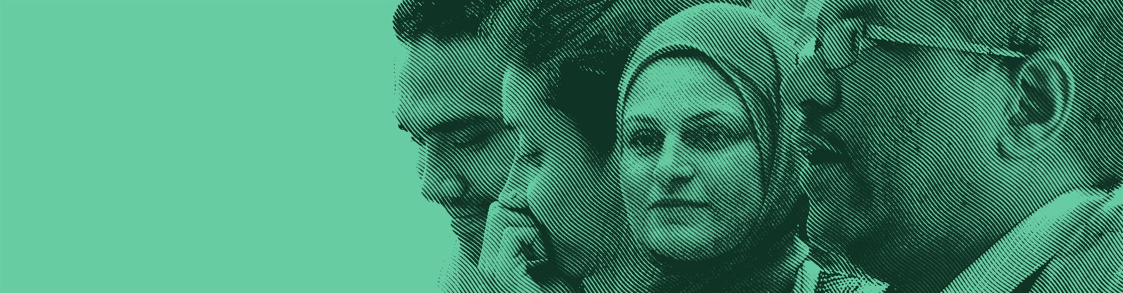 A green-tinted collage of four headshots group to the right of the screen with ample empty space at the left. Two people appear to be focused on a subject and in conversation, one woman wears a hijab, and one man looks to the left as he speaks.