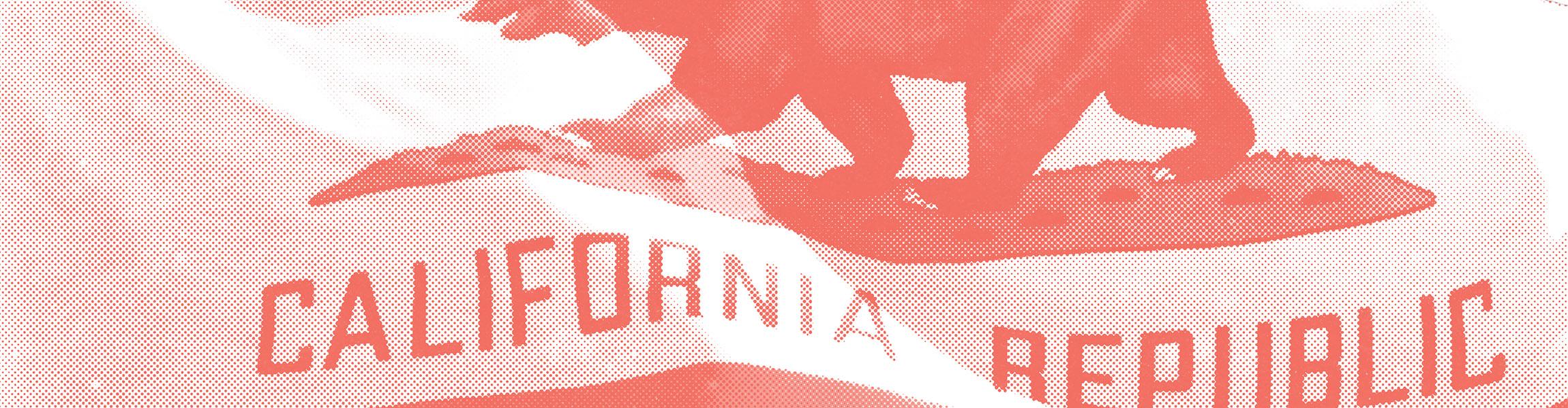 Close-up of the California flag overlaid in red. The text "California Republic" and the bottom half of the bear is visible.