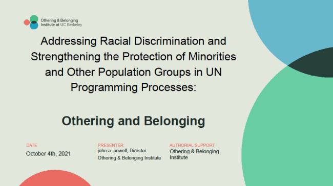This image is of the presentation for WHO: “Addressing Racial Discrimination and Strengthening the Protection of Minorities and other population groups in UN Programming Processes”