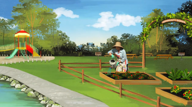 image grab from animated video showing a woman watering a planter