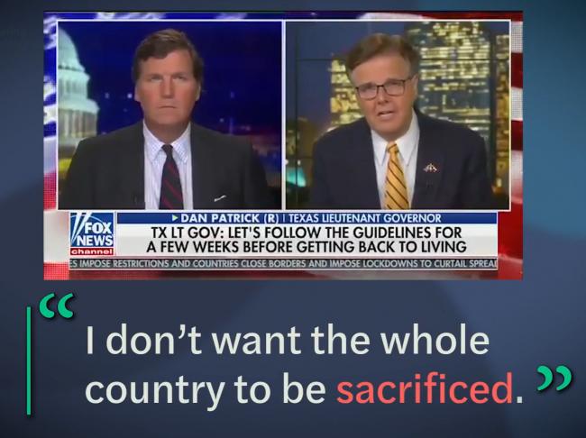 Image grab from video showing Tucker Carlson interview Dan Patrick on Fox News