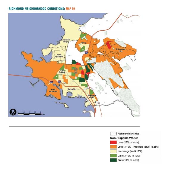 Map 10 displays Richmond neighborhood conditions based on change in white population 