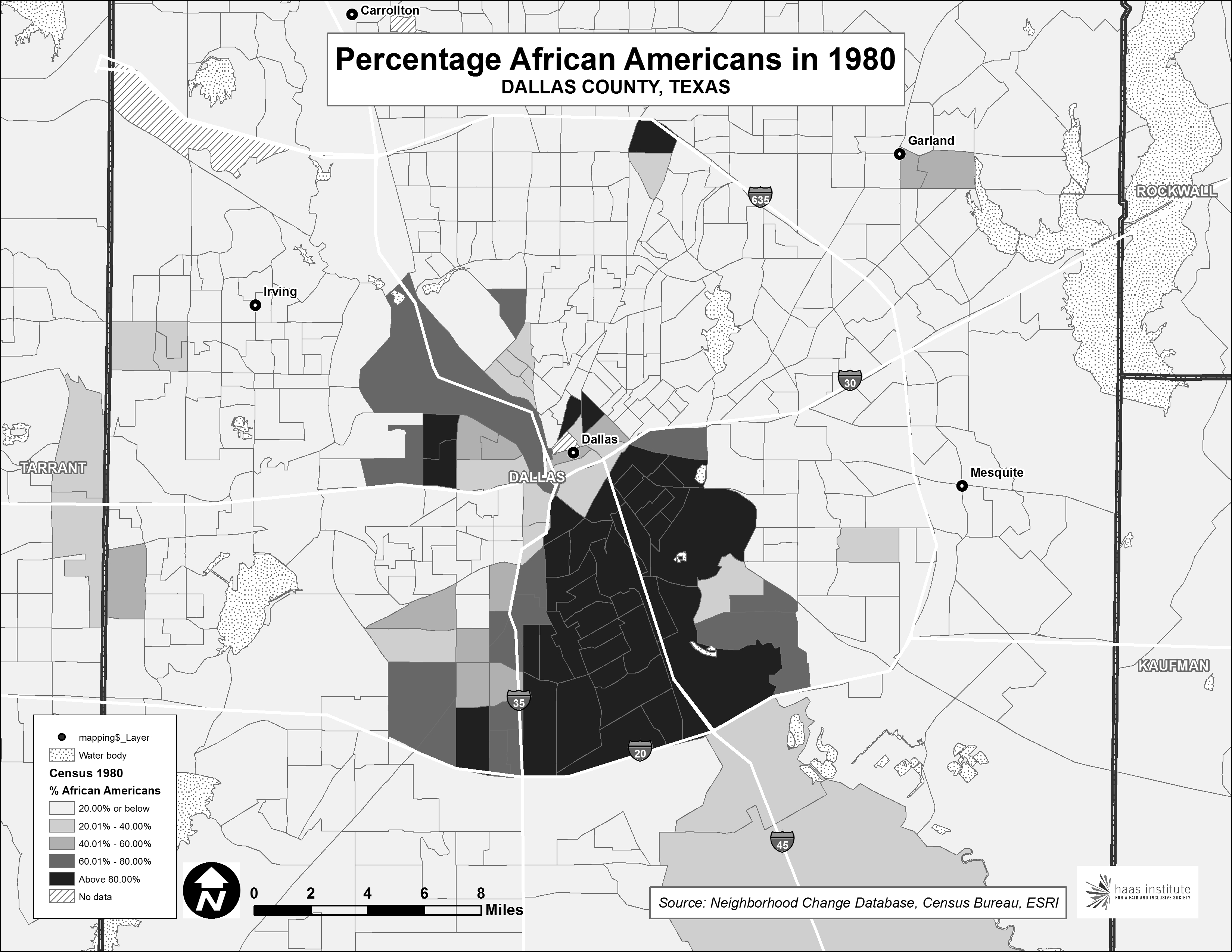 The percentage of African Americans, by census tract, in Dallas County, in 1980. 