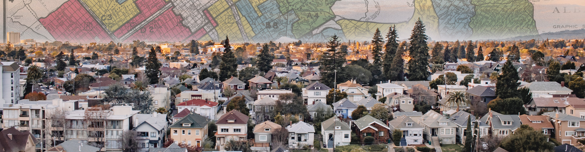 Skyline of residential Oakland with HOLC map in background