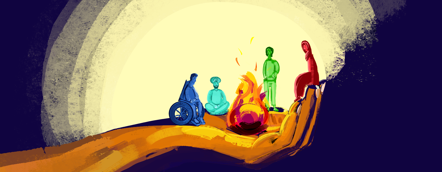 An illustration of four people gathered around a fire; one wears a hijab, another a turban, and one sits in a wheelchair. A large hand cups and holds them up. A soft yellow glow emanates in the background.