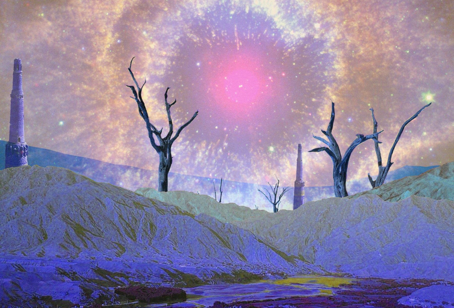 Digital collage of an arid, mountainous landscape meeting a glowing, starry sky. Large dead trees and obelisks reach for the sky.