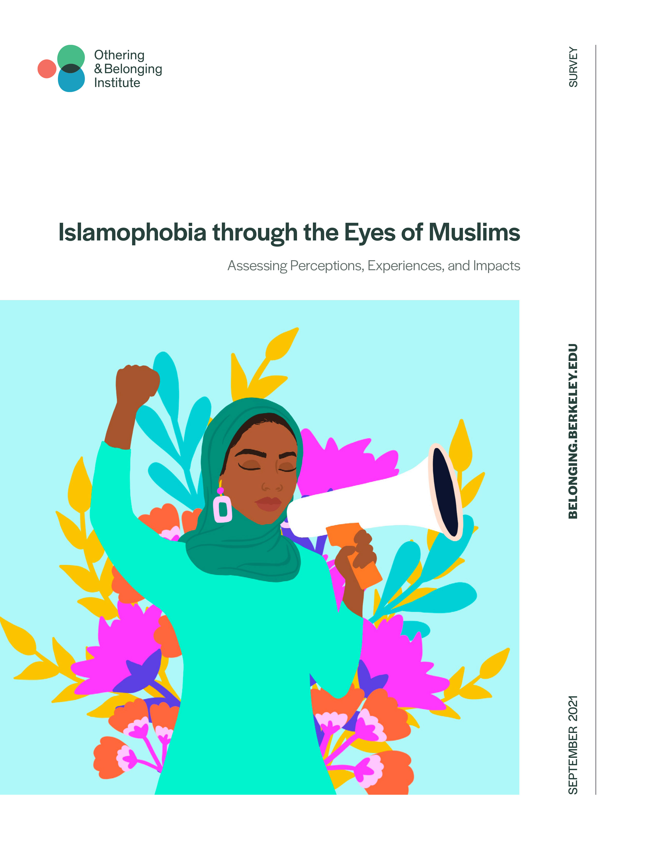cover of 'Islamophobia through the eyes of Muslims' report, featuring an illustration of a hijabi woman raising her fist'