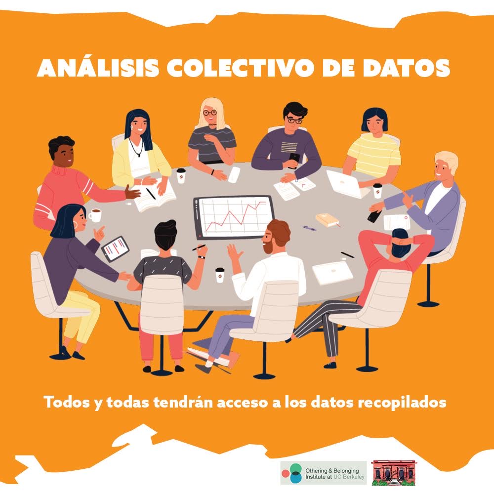 promotional graphics produced with Casa Pueblo; the text in Spanish reads 'Collective Data Analysis' and features an illustration of many folks gathered at a table