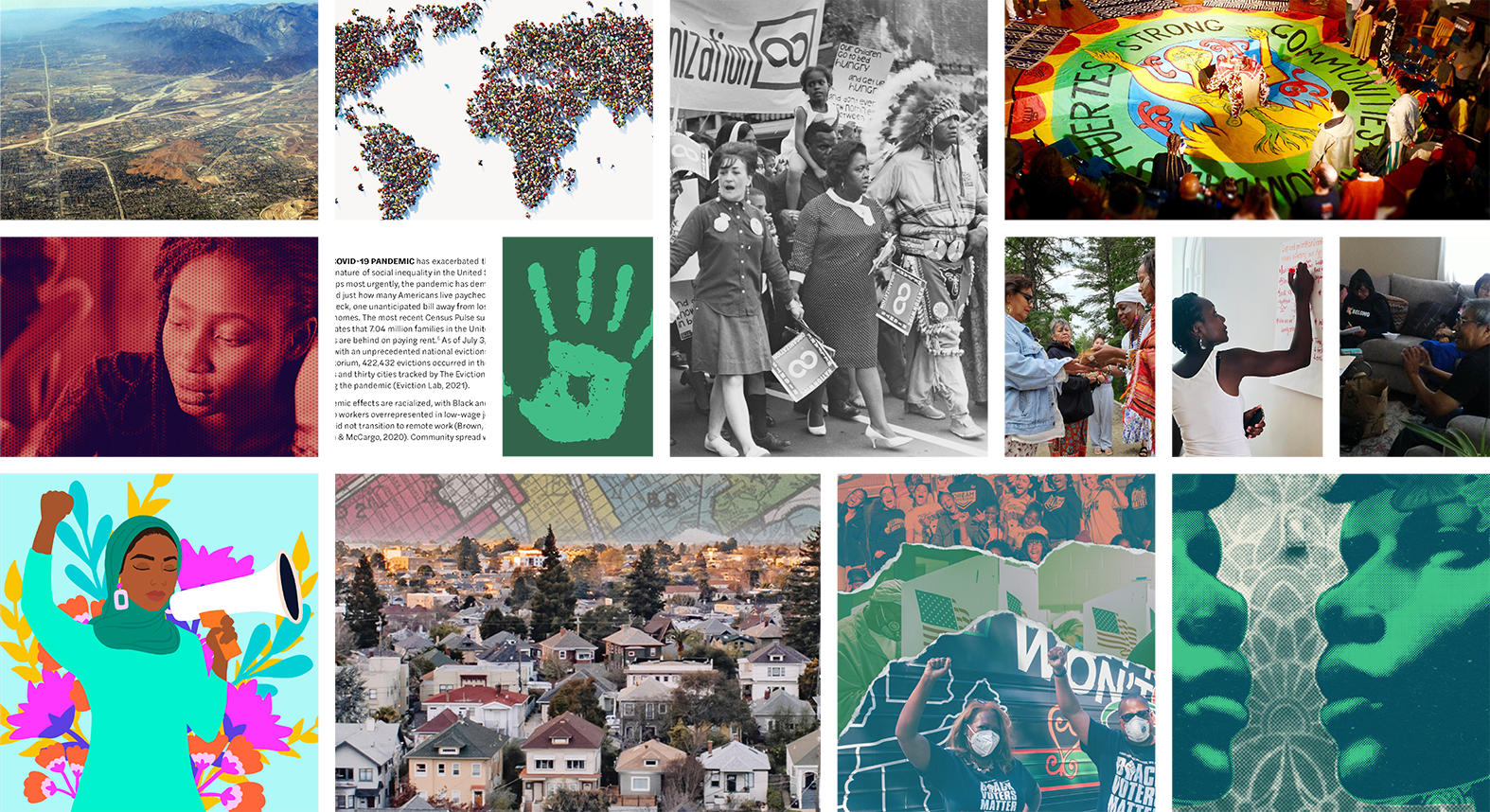 a grid of images reflecting a variety of reports; we see images of a residential neighborhood, an illustration of a hijabi woman raising her fist, and many more