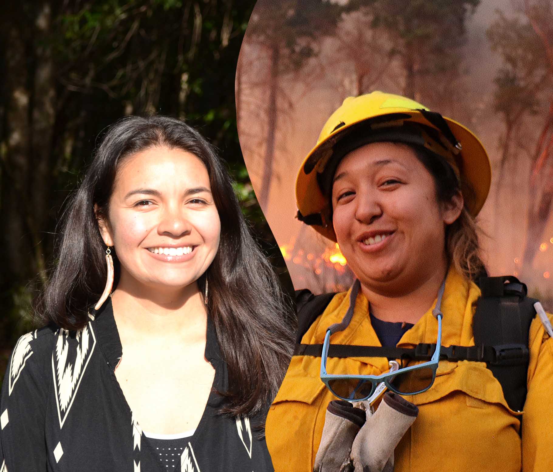 Two indigenous Karuk women stand besides one another. Analisa Tripp, at left, wears a black rainjacket and leans against a tree. Vikki Preston, at right, wears a black cardigan and green shirt. Both smile big, pleasant smiles and wear big earrings.