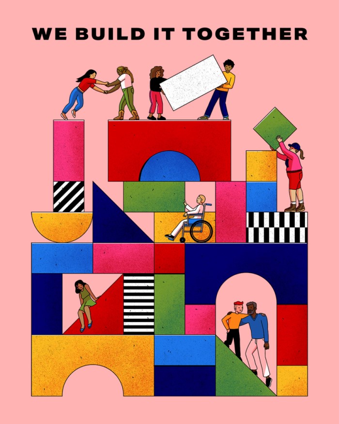 Illustration of people building together, click through to access collection