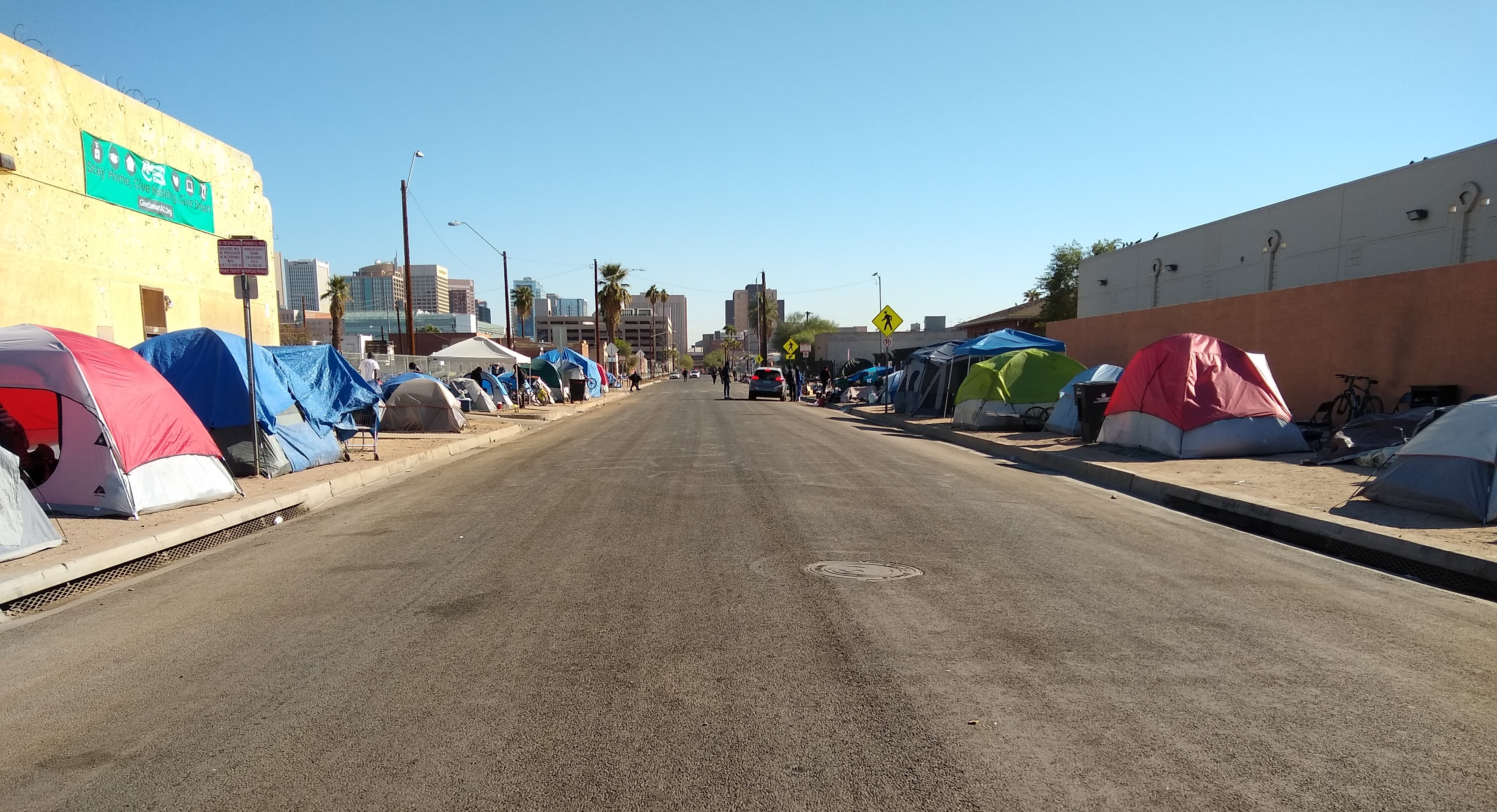 A street lined with tents in Phoenix, Arizona.