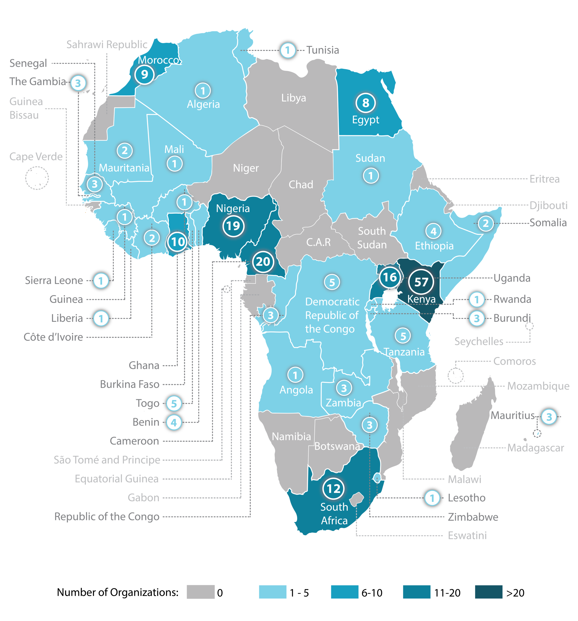 Map of organizations accredited with UNEP in Africa
