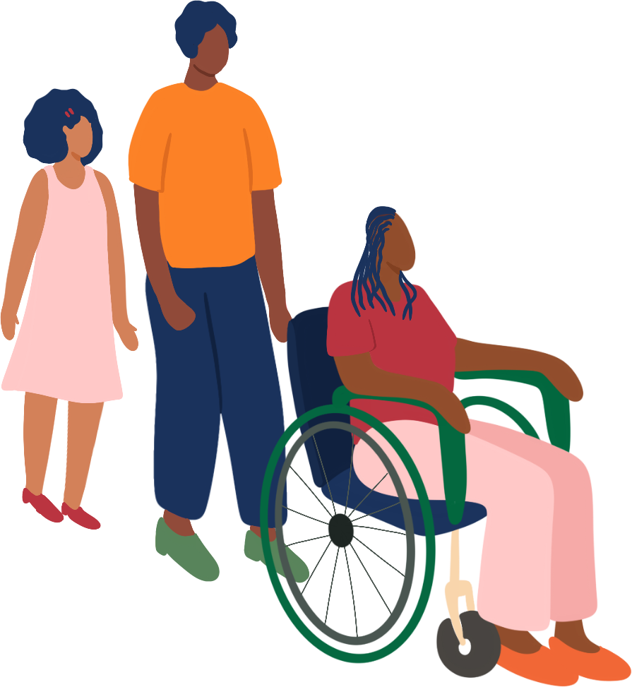 Three illustrated women, two walk while another moves in a wheelchair