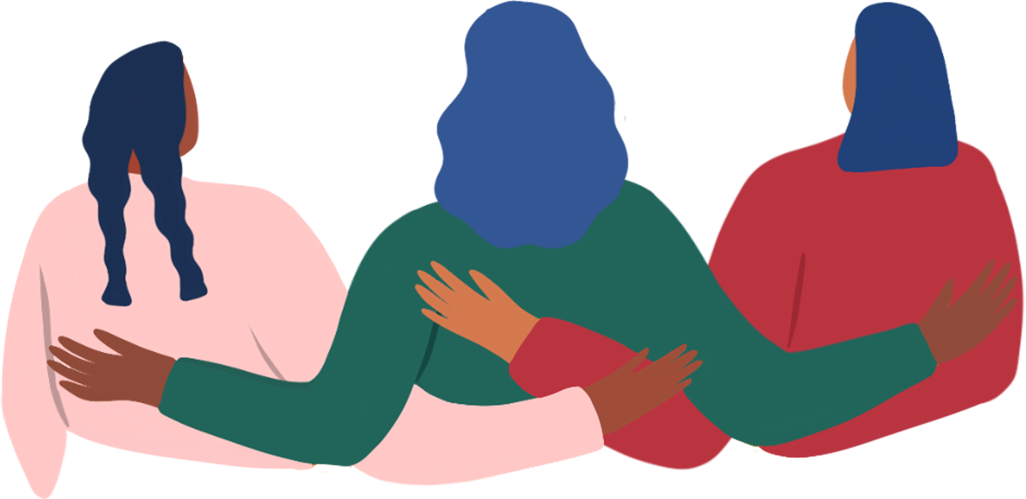 Three illustrated women with arms behind one another's backs