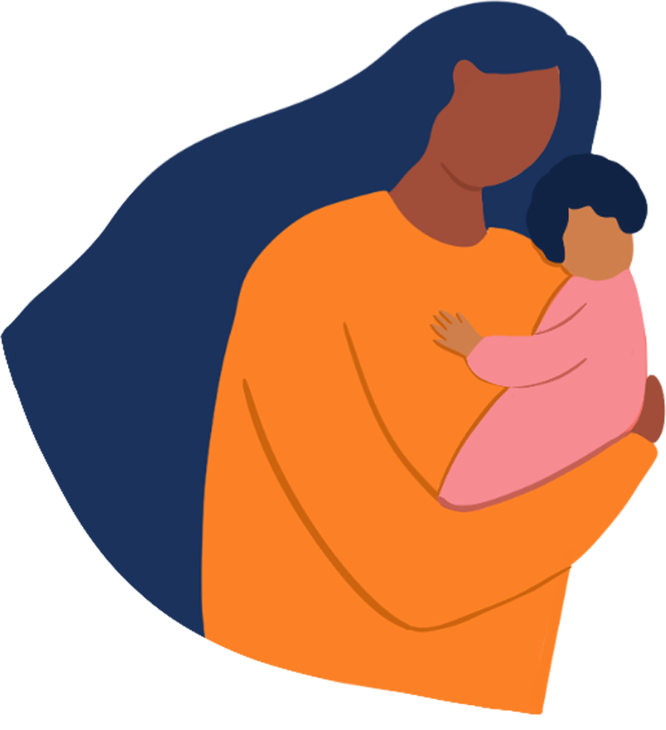 An illustrated mother holds her child