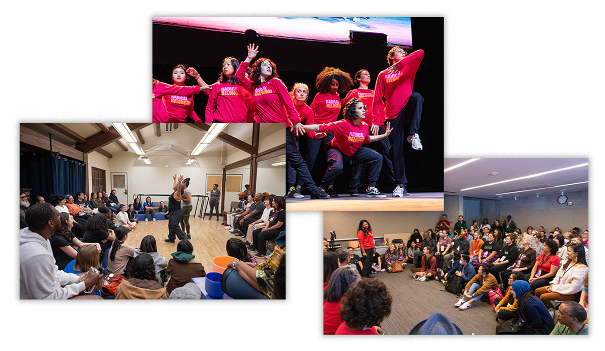 3 photographs of BRC during performances and workshops collaged together