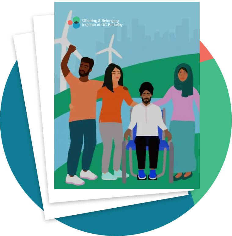 illustration of people on a hillside with a creek and wind turbines behind them