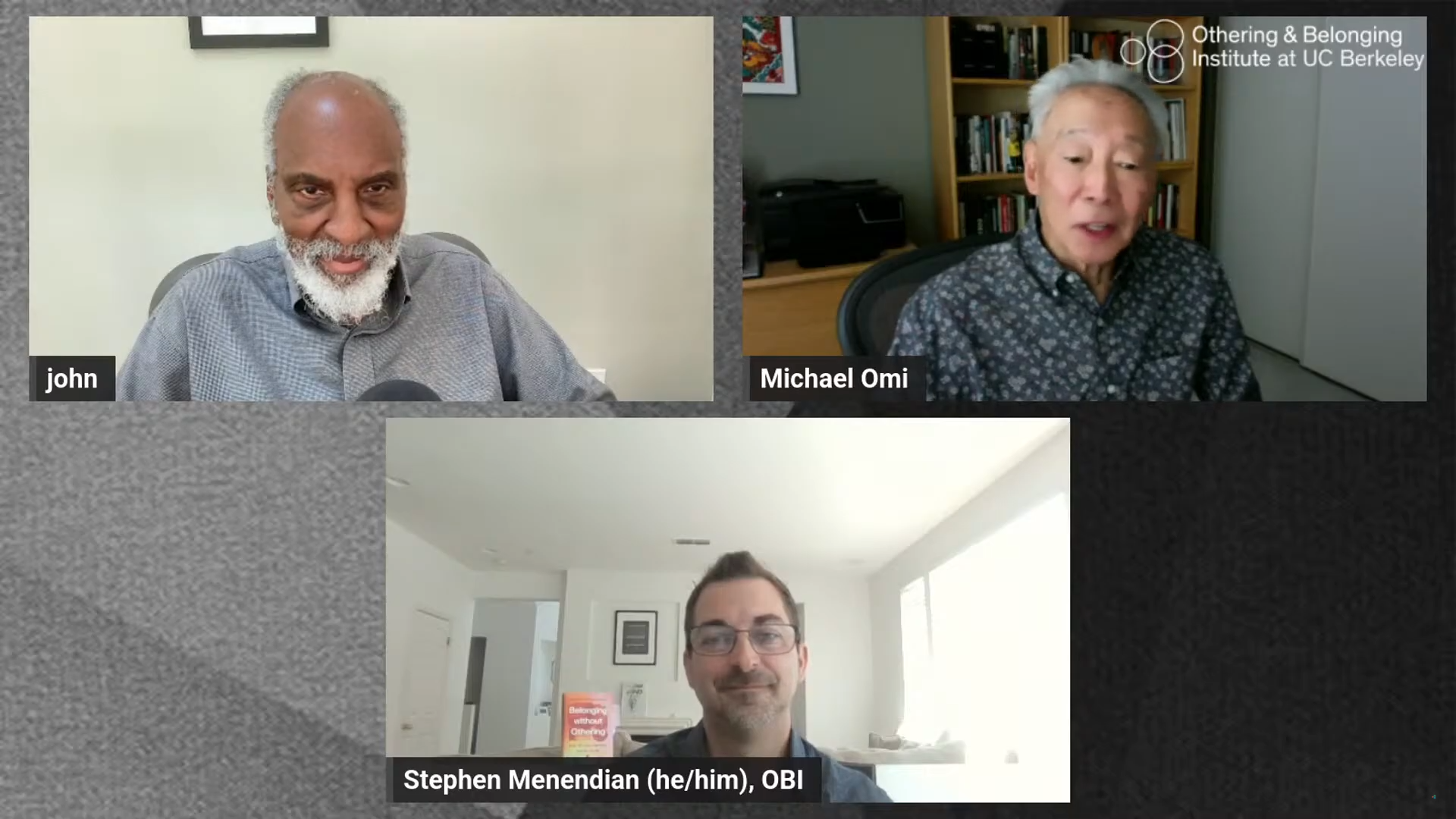 Image grab from book launch shows panelists john, Michael and Stephen