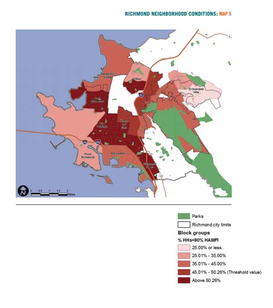Map 5 displays Richmond neighborhood conditions based on low income households. 