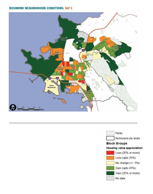 Map 8 displays Richmond neighborhood conditions based on housing value appreciation 
