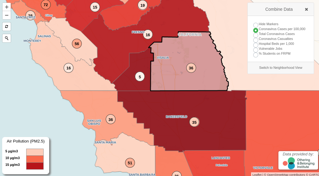 image grab from interactive map shows air pollution levels for the southern central valley