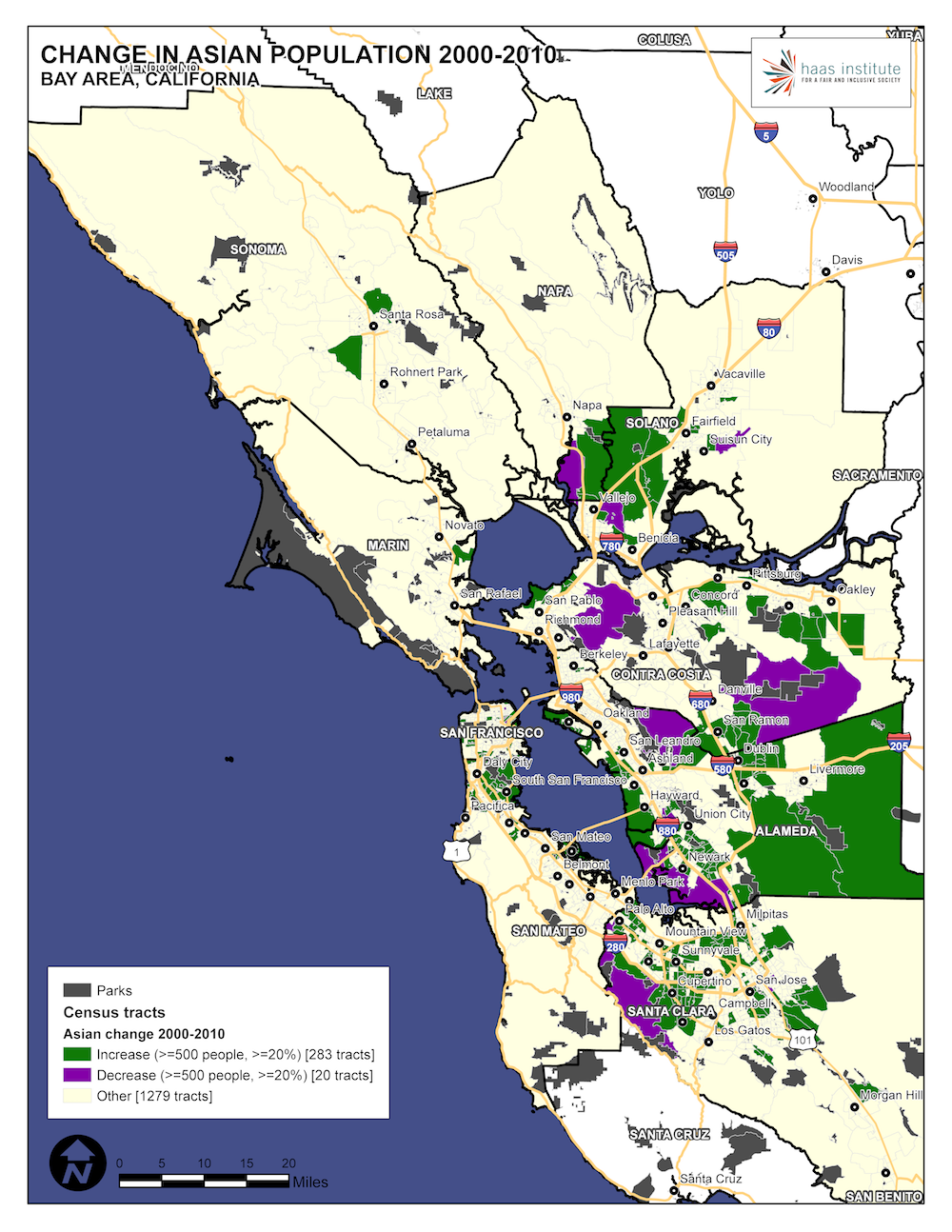 Map shows change in Bay Area Asian population from 2000 to 2010