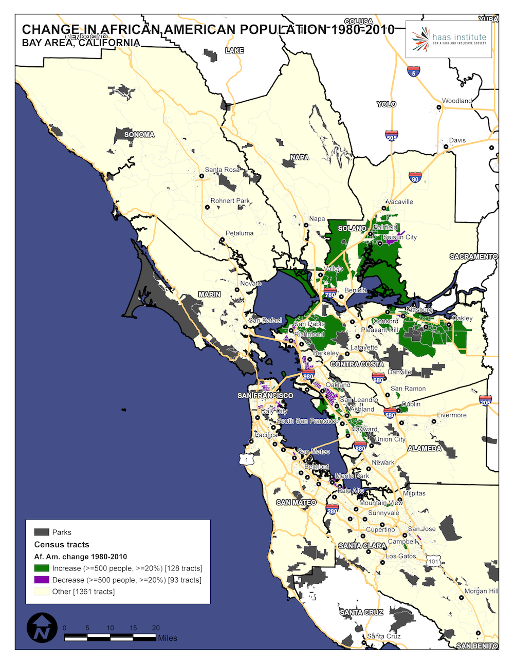 Map shows change in Bay Area Black population from 1980 to 2010