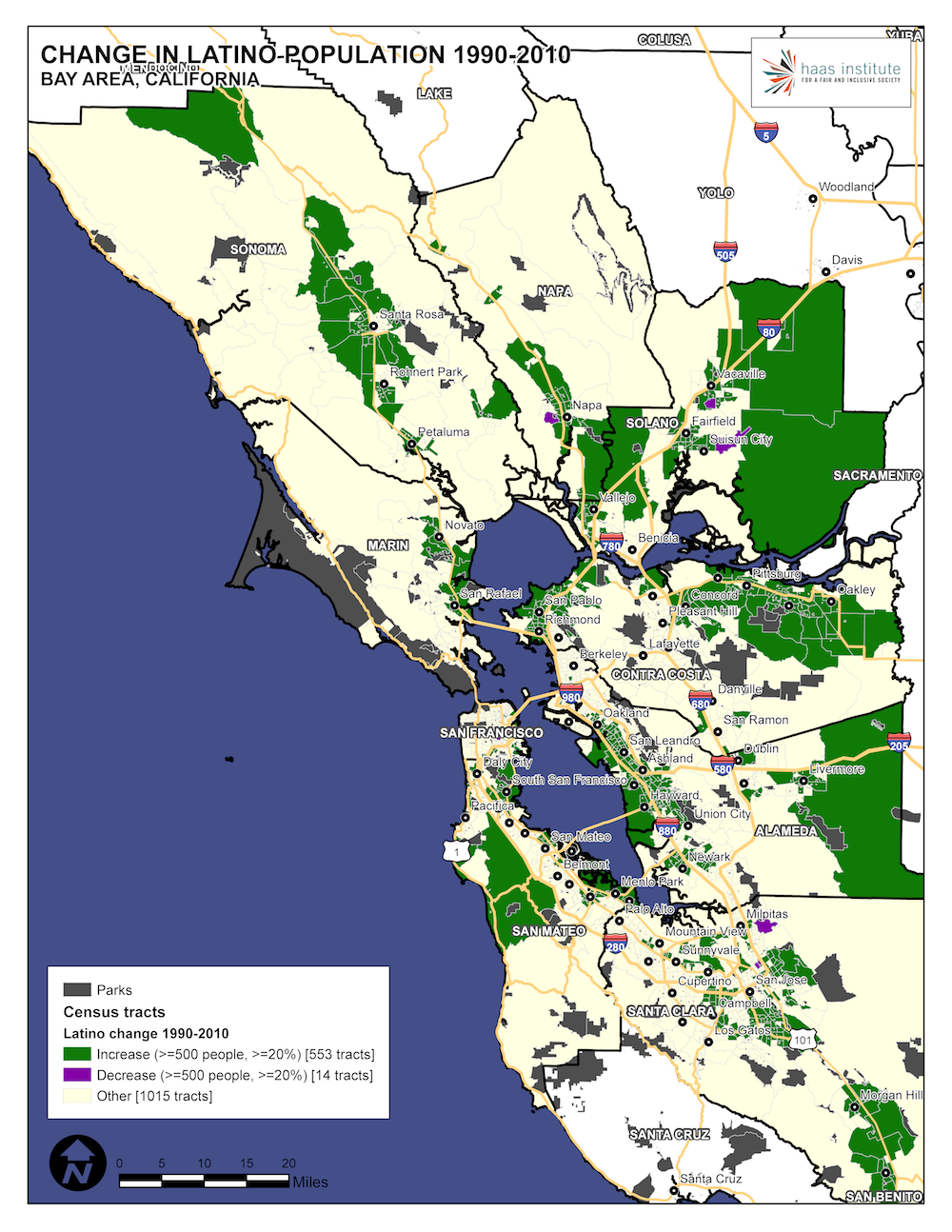 Map shows change in Bay Area Latinx population from 1990 to 2010