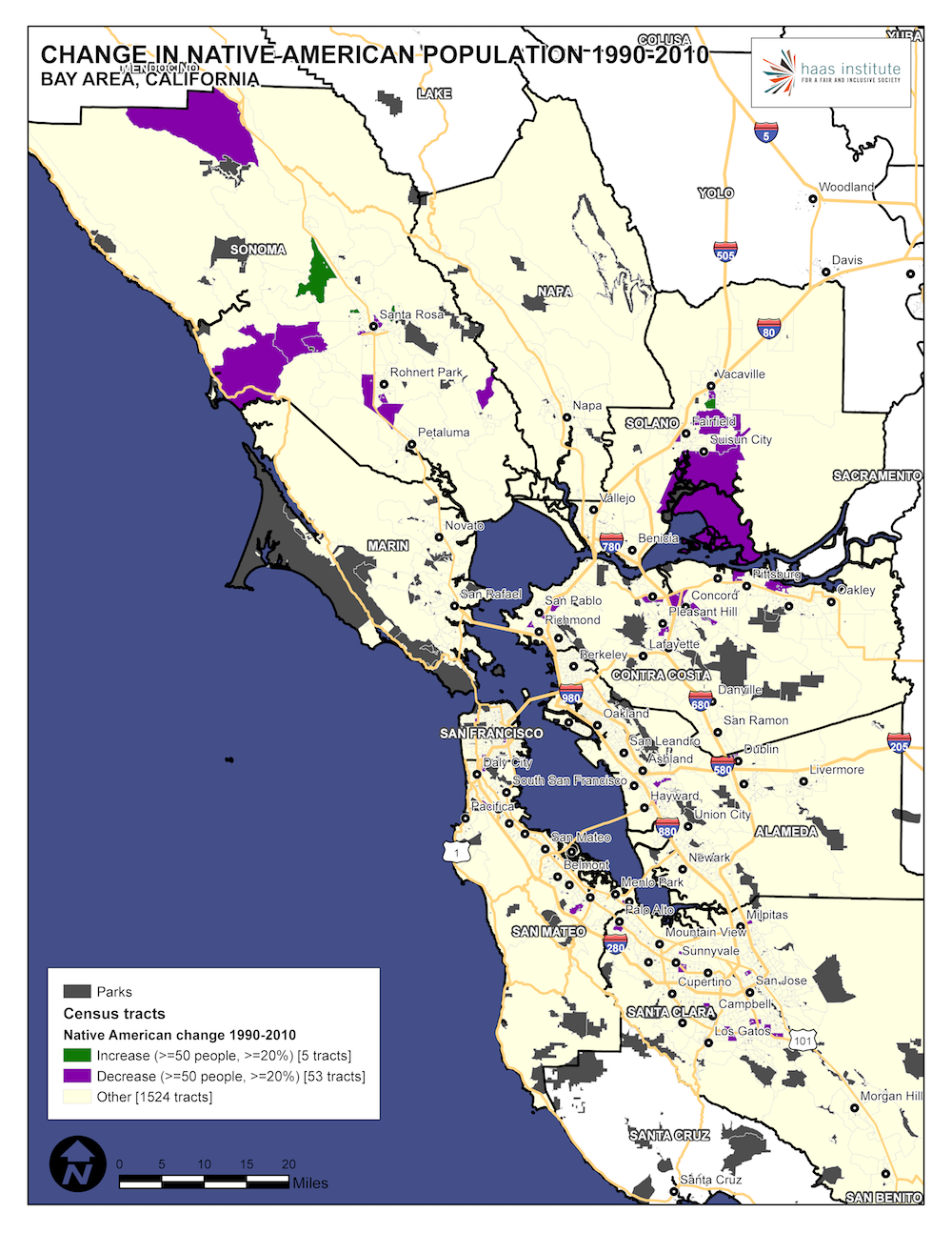 Map shows change in Bay Area Native American population from 1990 to 2010