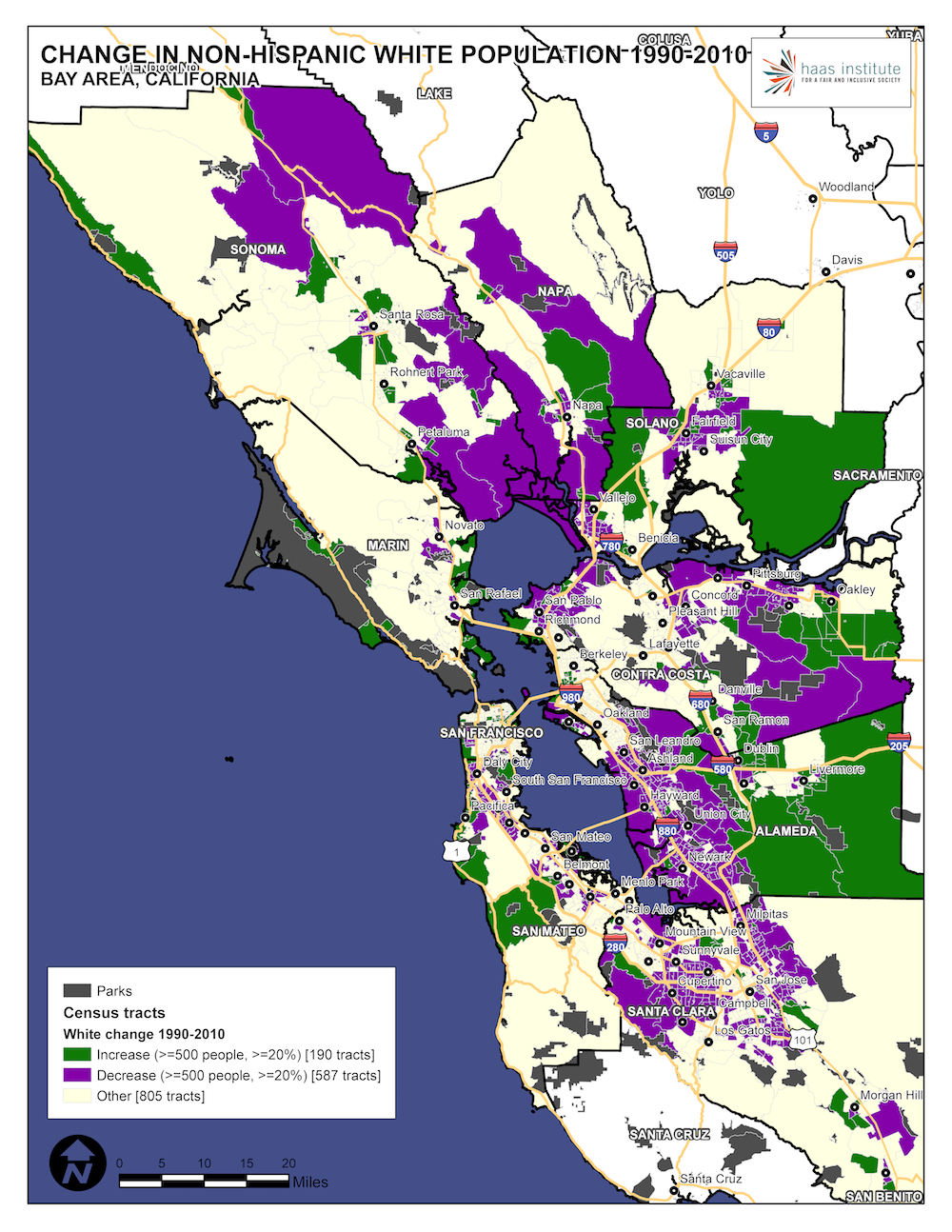 Map shows change in Bay Area white population from 1990 to 2010