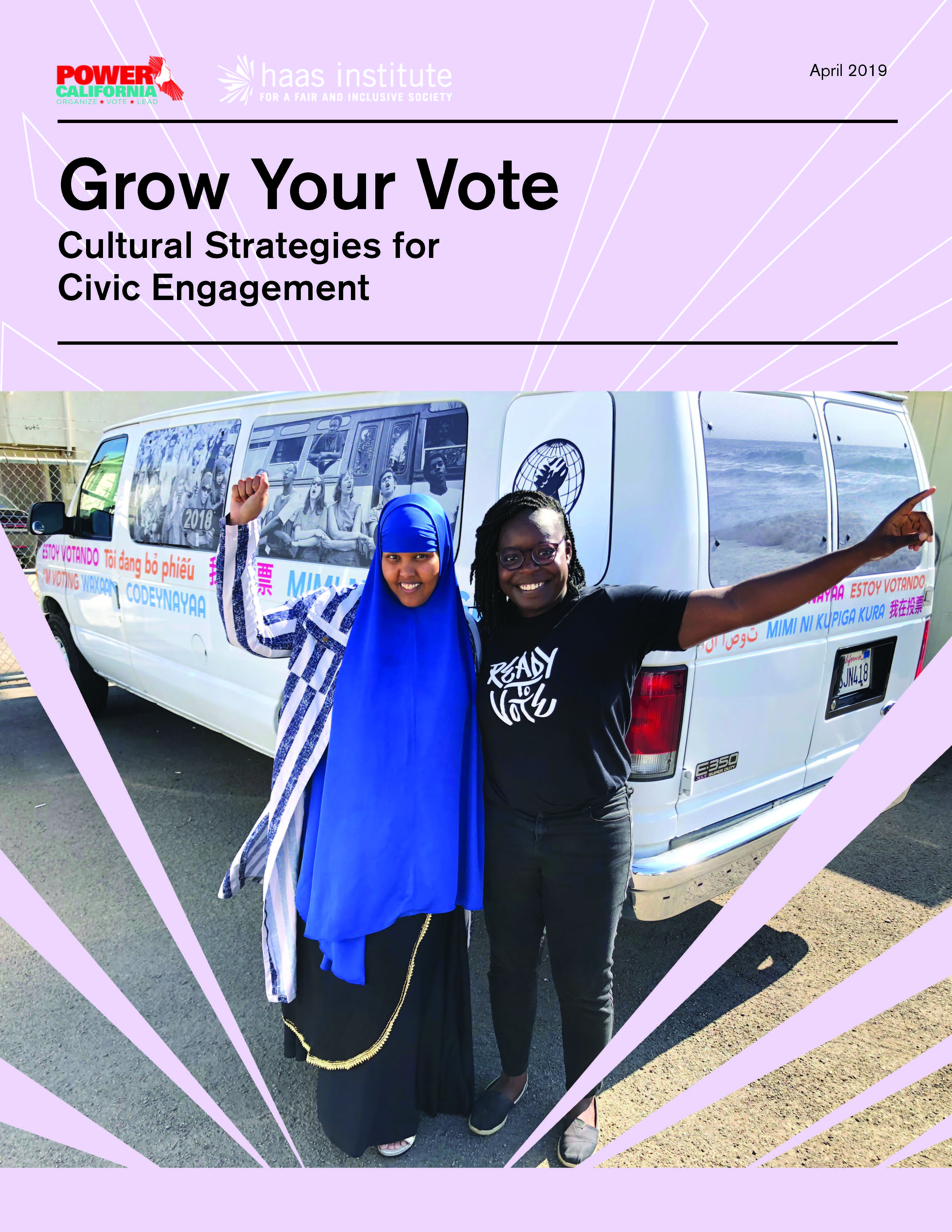 Cover of the Cultural Strategy Report shows two women, one wearing a blue hijab, making victory gestures in front of a white van