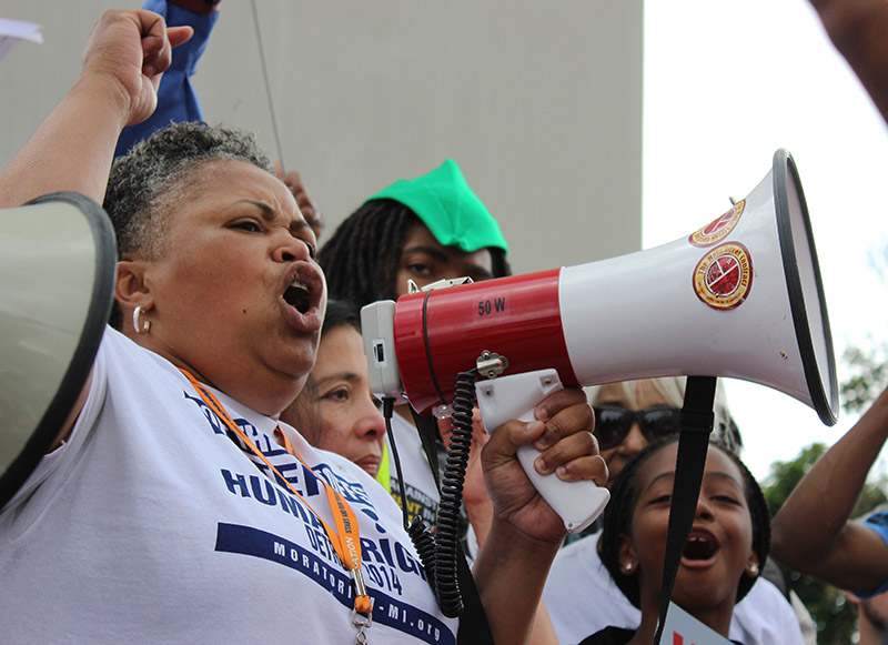 Monica Lewis-Patrick of We the People of Detroit speaks at July 18 rally in Detroit.