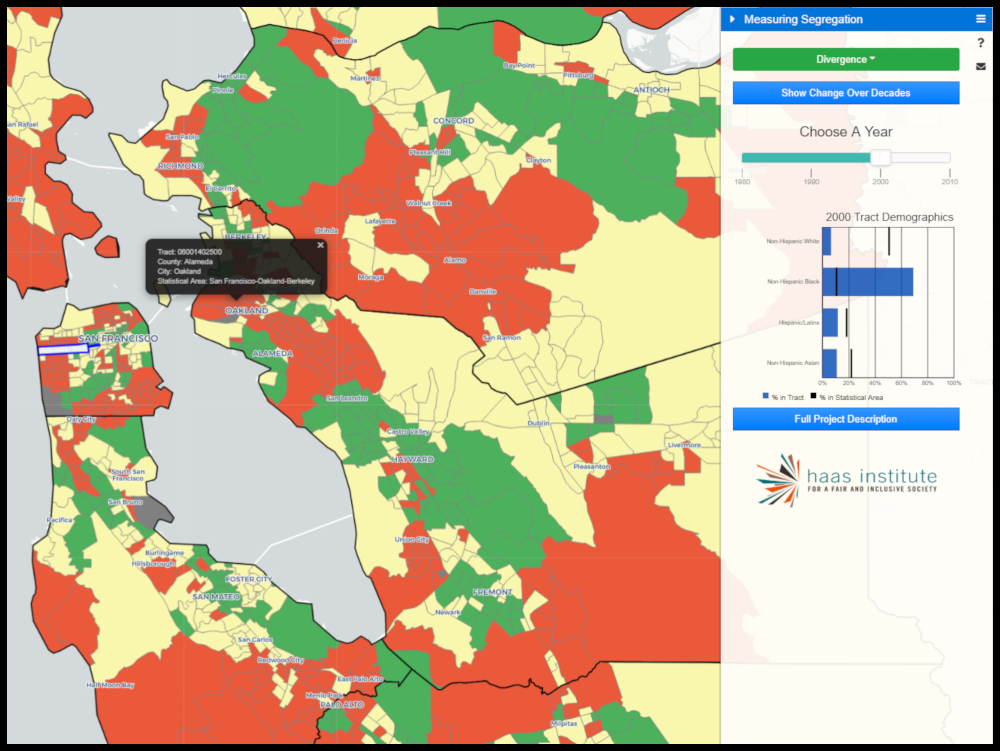 An image grab from an interactive map shows an overview of the segregation levels in the bay area