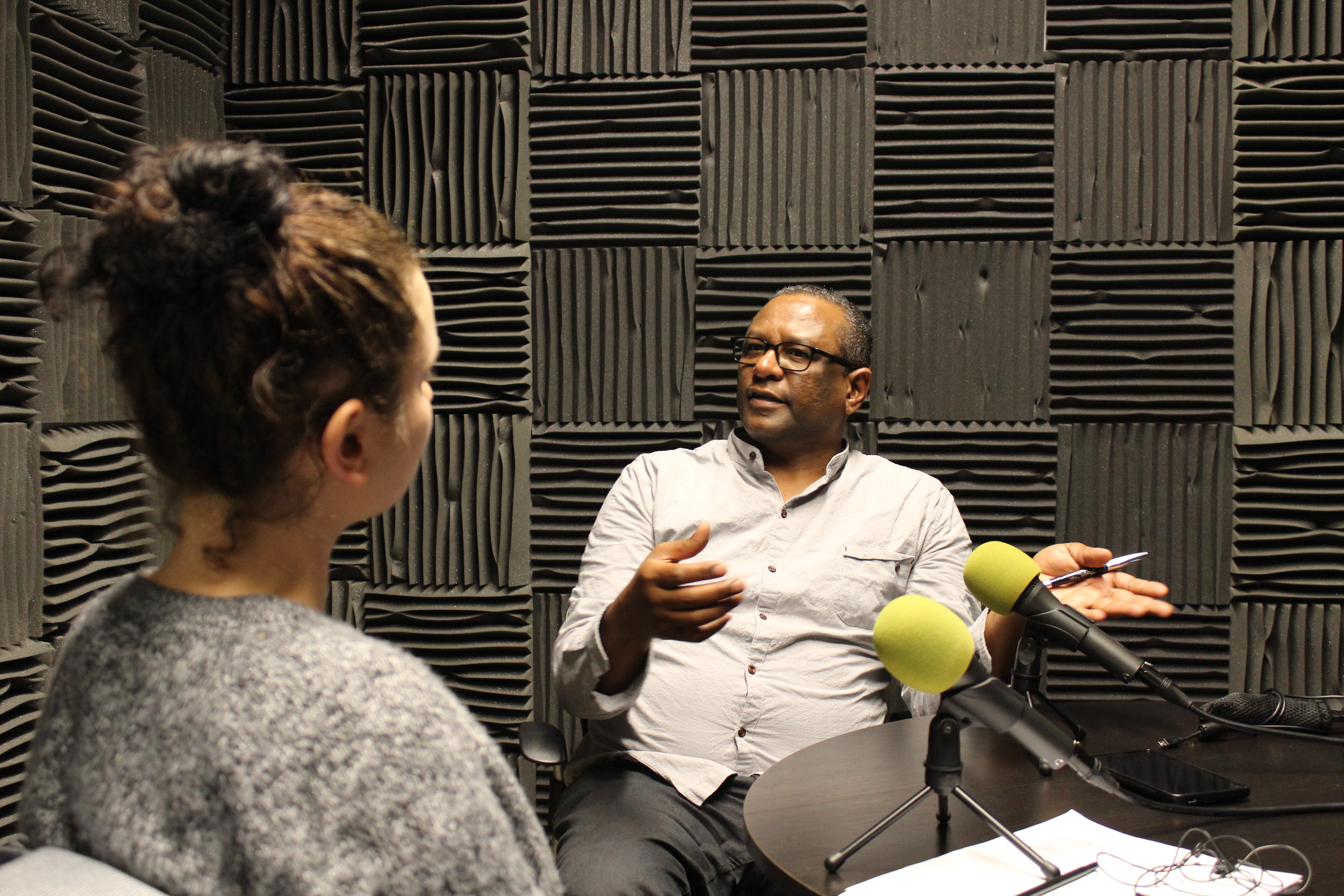 Sara Grossman (left) interviews Elsadig Elsheikh on the Shahidi project for her podcast Who Belongs?