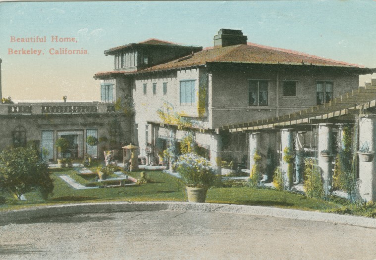 A postcard from ca. 1915 depicts a residence in the Elmwood district of Berkeley. Elmwood Park was the first Berkeley subdivision to be assigned the exclusive single-family residential zoning designation. Duncan McDuffie of the Mason McDuffie Company, which created the neighboring Claremont subdivision, advocated for exclusive single-family zoning in Elmwood out of concern that a lack of public zoning could lead to Claremont becoming surrounded by "incompatible" uses that would affect his subdivision's property values. Courtesy of Berkeley Public Library. 
