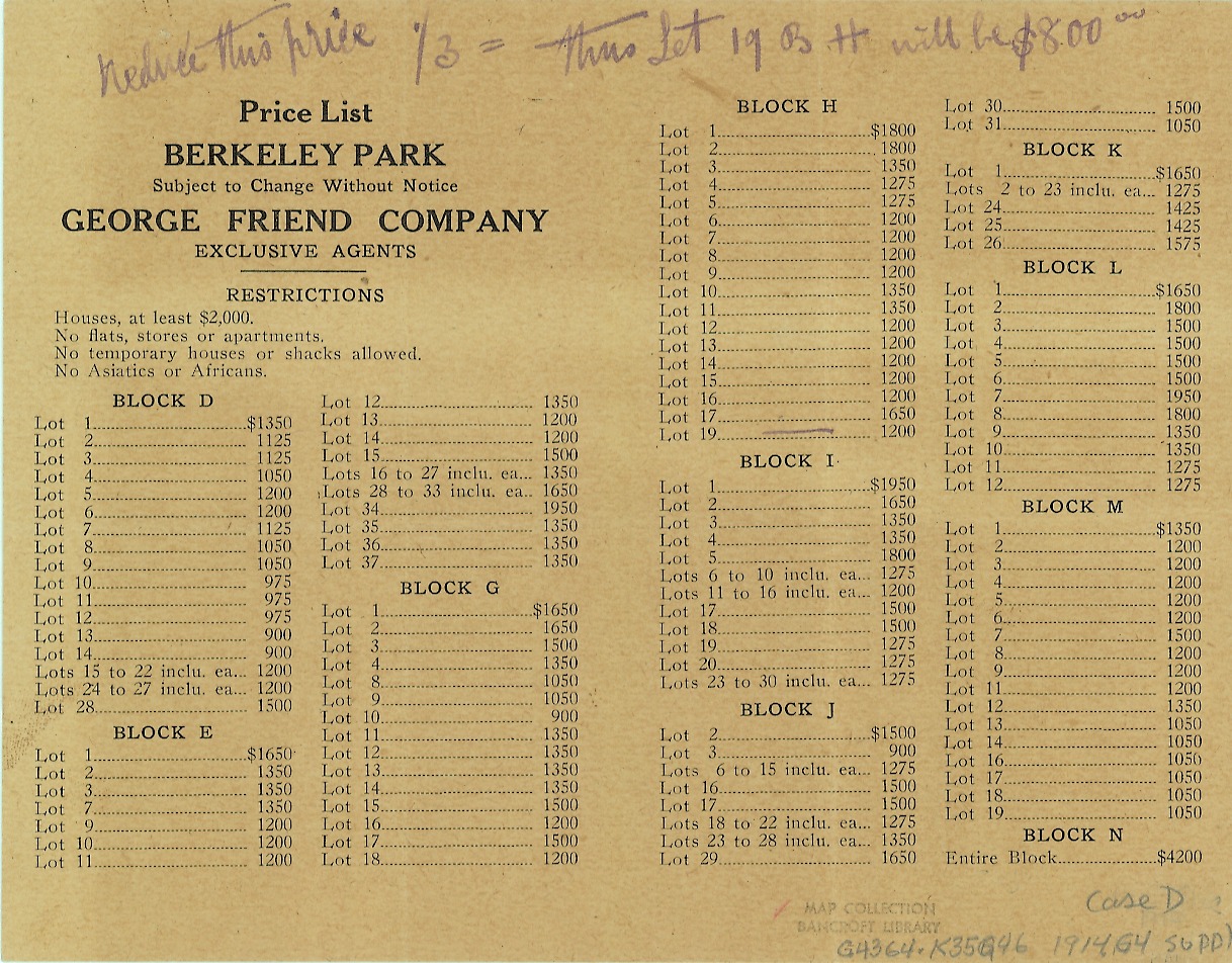 photo: The Price List for the Berkeley Park subdivision in Kensington includes a restriction against “Asiatics or Africans.” George Friend Company, ca. 1914
