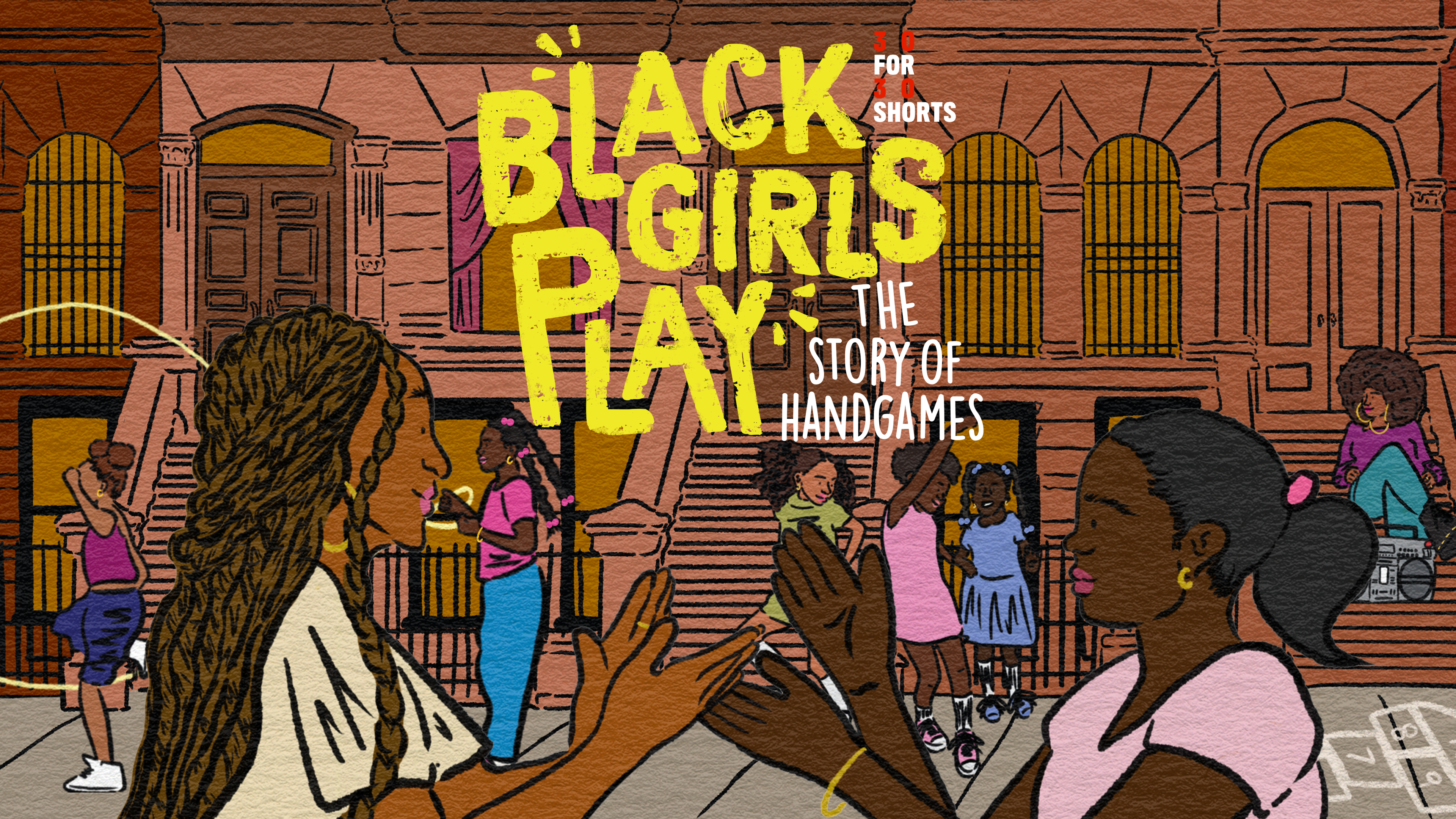 film poster with handdrawn characters and colorful words "Black Girls Play" 