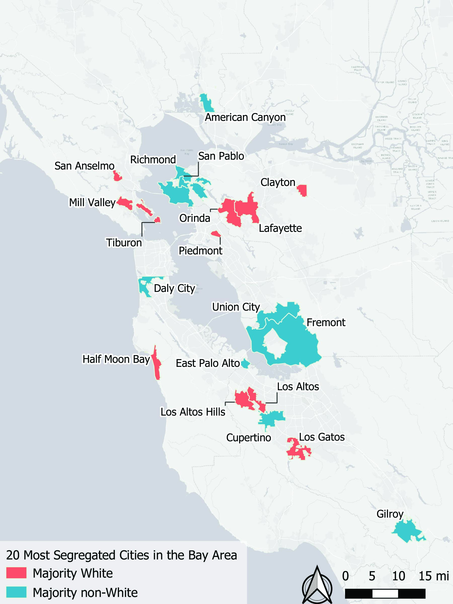 A map of the 20 most segregated cities in the Bay Area; among them are Richmond, Fremont, Los Gatos, and Half Moon Bay