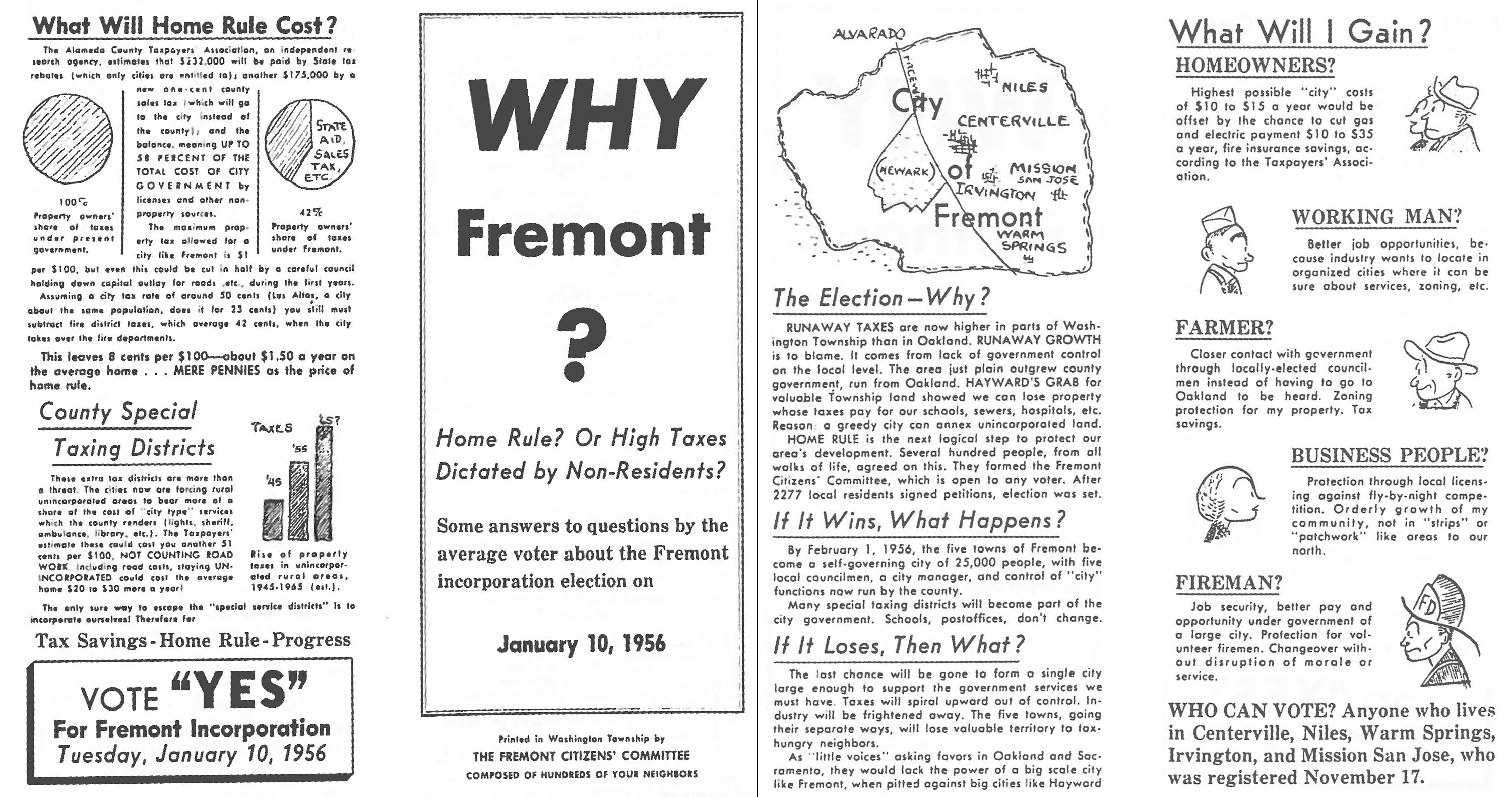 photo: A Fremont Citizen’s Committee flier advocating for Fremont’s incorporation. Courtesy of Mission Peak Heritage Foundation and Washington Township Museum of Local History.