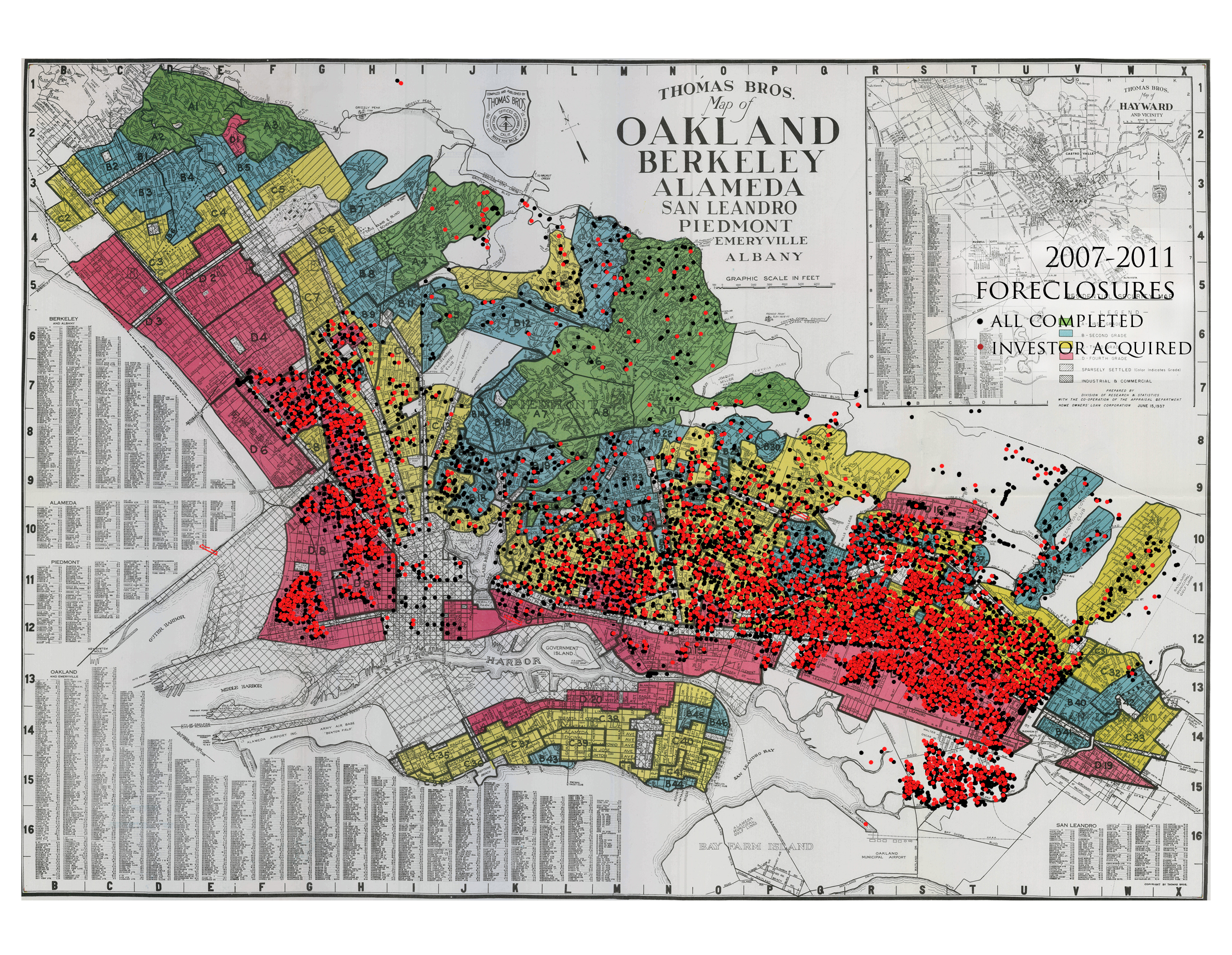 photo: Each dot on this map represents an Oakland property that was foreclosed on between 2007 and 2011. Those marked in red represent foreclosed properties that were later acquired by investors. The vast majority of foreclosures occurred in formerly redlined areas, shaded in this 1937 HOLC map in red (“hazardous”) or yellow (“definitely declining”). Image credit: Evan Bissell
