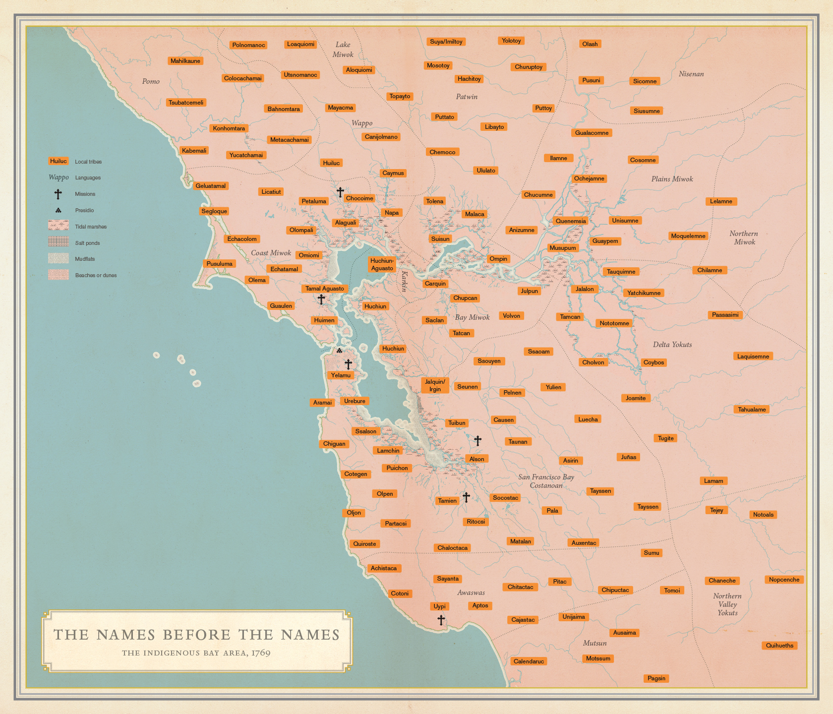 This photo is of the Indigenous Bay Area, 1769. Map taken from Infinite City: A San Francisco Atlas by Rebecca Solnit. Cartography: Ben Pease. Used with permission from University of California Press. © 2010 by The Regents of the University of California. 