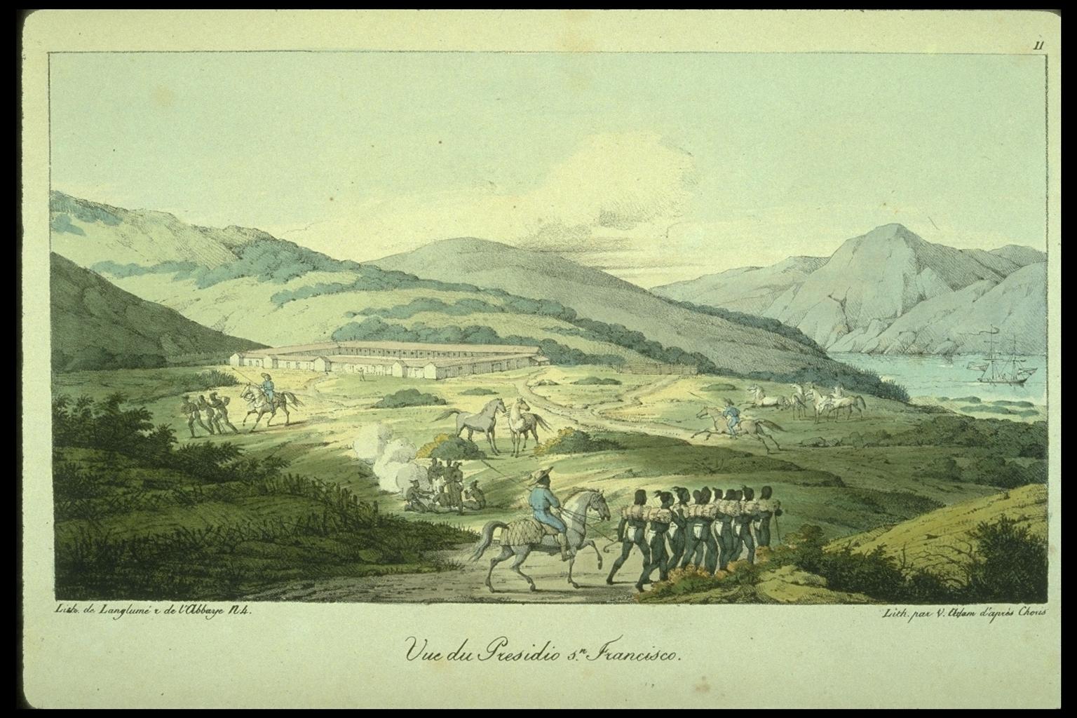 photo: Louis Choris’s “Vue du Presidio” (ca. 1815) depicts the early San Francisco coast with Spanish soldiers dominating the Ohlone people. Courtesy of The Bancroft Library, University of California, Berkeley.42