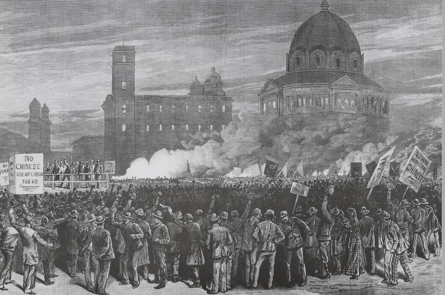 photo: An anti-Chinese riot takes place front of San Francisco City Hall in 1877, where the Main Library now stands. Line drawing by H.A. Rodgers. Courtesy of the California Historical Society