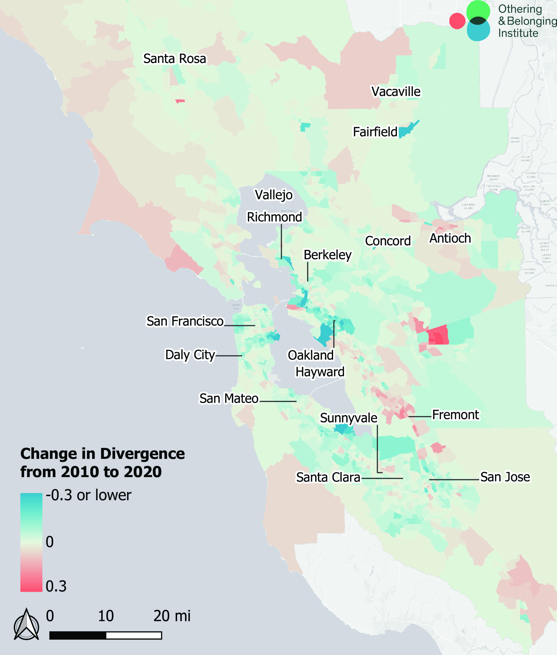 Map of the Bay Area demonstrating change in divergence from 2010-2020