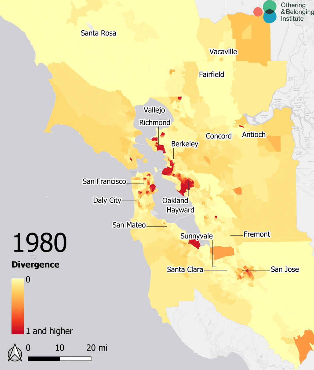 An animated map of the Bay Area showing divergence scores from 1980 to 2020